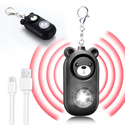 Personal Safety Alarm Keychain with LED Light, 130dB Emergency Alert, Rechargeable Bear Design for Women, Children,Girls - color: Black