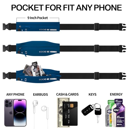 USHAKE Slim Running Belt Women Men, Bounce Free Fanny Pack Phone Holder - color: Navy Blue
