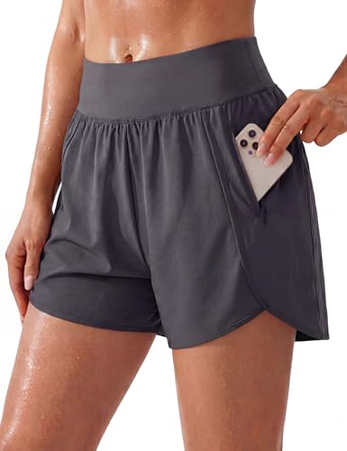 BMJL Women's Athletic Shorts 5" Inseam, High Waist Tummy Control Running Shorts with 2 Zipper Pockets, Lightweight Dolphin Hem Workout Shorts(Large,Dark Grey)