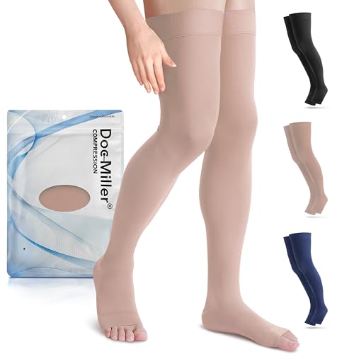 Doc Miller Thigh High Open Toe Compression Stockings 15-20mmHg - color: Beige, size: Small