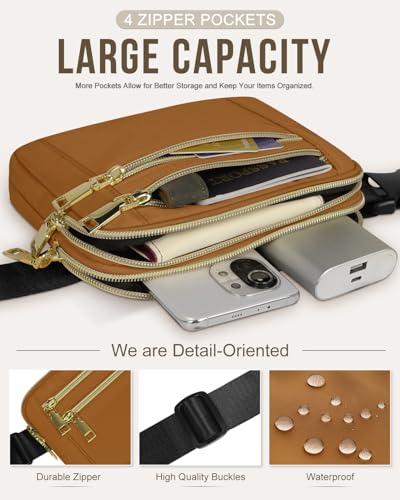Capolo Fanny Packs for Women 4 Zip Pocket Crossbody Belt Bag Waist Bags - color: Brown, size: Large
