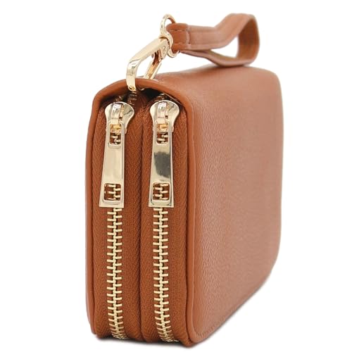 FashionPuzzle Double Zip Around PU Leather Wristlet Cell Phone Wallet - color: Tan