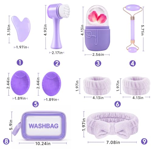 Skincare Tools Set with Face Cleansing Brush, Ice Face Roller & Gua Sha Set - color: Purple