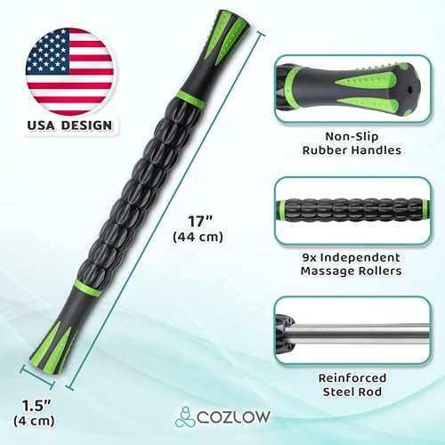Muscle Roller Stick, Black Green, Hand Held Body Massager, 9 Rollers - color: Black, Green