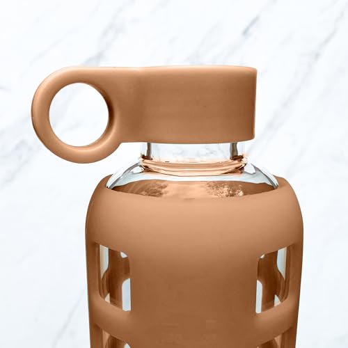 purifyou Replacement Cap for 40, 32, 22, 12 oz Reusable Glass Water Bottle with Time & Volume Markings, Non-Slip Silicone Sleeve, Stainless Steel Lid Insert Sports Bottle for Water, Juice (IcedCoffee) - color: Iced Coffee