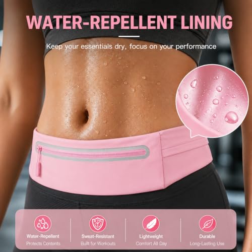 Slim No-Bounce Running Belt - Waterproof Exercise Waist Pack for Marathons, Hiking & Dog Walking - Hidden Travel Money Belt for Phones - color: Pink