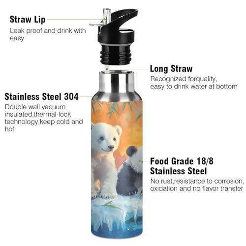 OTVEE Polar Bears and Pandas Water Bottle Sports Water Bottle Insulated Stainless Steel Hot Cold Water Mug with Straw Lid & Handle for Sports Gym 20 oz - color: Polar Bears and Pandas