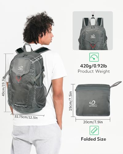 WATERFLY Lightweight Packable Hiking Backpack, 30L Day Pack Grey - color: Grey