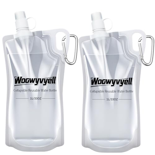 2-Pack 33oz (1L) Collapsible Water Bottles with Mountaineering Buckle, BPA-Free Foldable Travel Bottle for Camping Hiking Running Cycling Mountaineering - Compatible With All 28mm Thread Water Filter