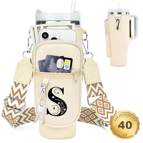 Initial Water Bottle Holder with Strap for Stanley Cup 40 oz Tumbler - color: White, style: S