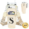 Initial Water Bottle Holder with Strap for Stanley Cup 40 oz Tumbler - color: White, style: S