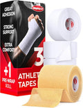 Premium White Athletic Tape for Injuries - 3 Pack with Pre-wrap - Easy Tear & No Sticky Residue - Sports Zinc Oxide Tape - Ankle, Wrist, Fingers - Ideal for Soccer, Gymnastics, Boxing