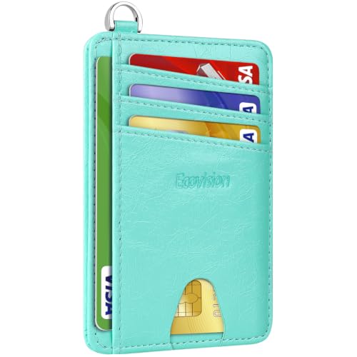 Slim Minimalist Front Pocket Wallet, RFID Blocking Credit Card Holder Wallet with Integrated D-Shackle for Men Women - color: Glossy Llight Turquoise
