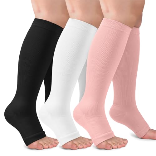 CTHH Toeless Compression Socks for Women & Men Open Toe Knee High Stocking - color: Black/White/Pink, size: Small-Medium