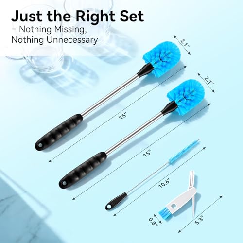 SLUXKE Long Handle Bottle Brush Set with Straw Cleaner Brush and 3 in 1 Cup Lid Cleaning Brush, Water Bottle Cleaner with Stainless Steel Handle for Cleaning Cup, Water Bottles, Tumblers, Baby Bottles - color: Blue