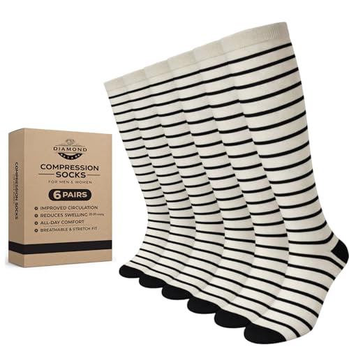 Diamond Star 6 Pairs Compression Socks for Men & Women, Knee High Socks - color: 6 Pairs (Cream/Black)