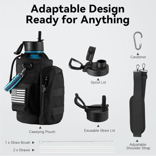 KXIAOCHEN Insulated Water Bottle with Strap, 48-Hour Cold, 2 Lids - color: Dark Night-B, size: 64 Ounces
