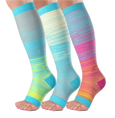 Open Toe Compression Socks 3 Pairs 20-25mmHg Toeless Graduated Compression Socks Sleeve - color: Blue and Black, size: Small/Medium (3 Pair)