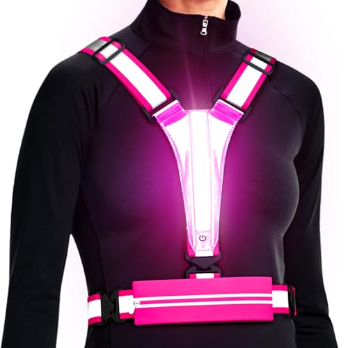 LED Reflective Vest Running Gear, USB Rechargeable Light Up Running Vest Chest Phone Holder for Runners Night Walking - color: Pink