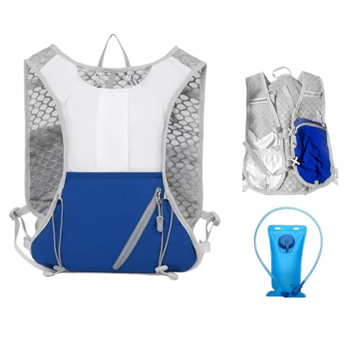 Running Vest for Women Men,Hydration Backpack with 2L Hydration Bladder,Lightweight Hydration Vest with Adjustable Straps&Pockets&Reflective Strip&Whistle,Water Backpack for Hiking Biking Marathon - color: White Blue