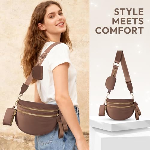 Cross Body Bag for Women Bum Bag Checkered Belt Bags Fanny Packs for Girls Travel Purse Fashion Waist Packs Crossbody Nylon Purse Trendy Shoulder Bags for Womens - color: Brown