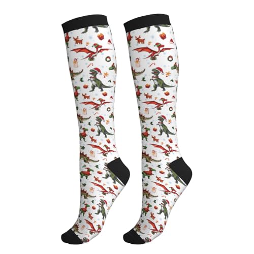 Compression Socks Knee High Circulation Support Socks For Women Men Athletic Running Hiking Travel - color: Dinosaurs Christmas