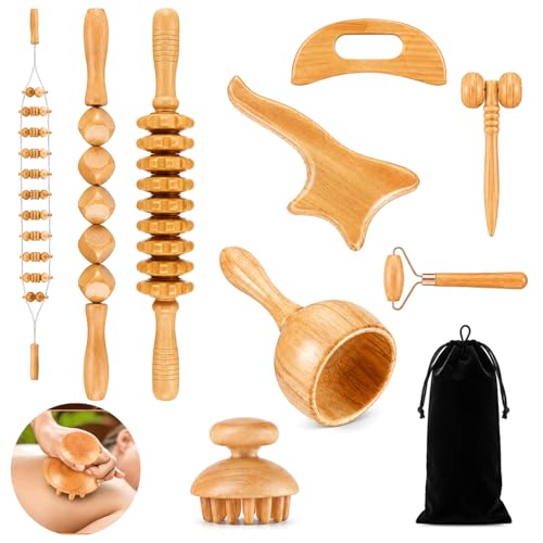 9pcs Wood Therapy Massage Tools, Lymphatic Drainage Tools, Wood Therapy Set with Carry Bag, Maderoterapia Kit, Wood Therapy Tools for Body Sculpting