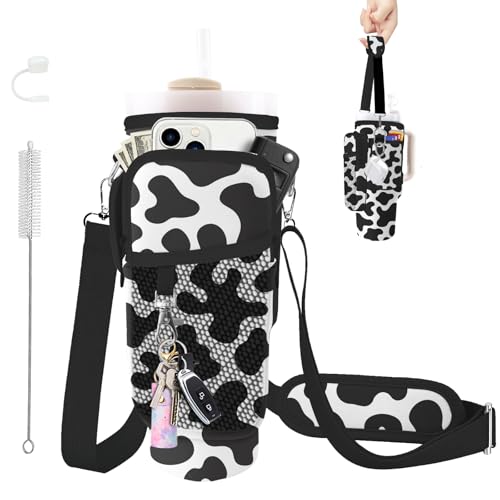 Water Bottle Carrier Bag for Stanley Cup 40/30oz, Neoprene Water Bottle Holder Pouch with 3 Pocket Adjustable Shoulder & Hand Strap - color: Cute Cow Print