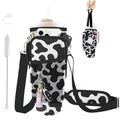 Water Bottle Carrier Bag for Stanley Cup 40/30oz, Neoprene Water Bottle Holder Pouch with 3 Pocket Adjustable Shoulder & Hand Strap - color: Cute Cow Print