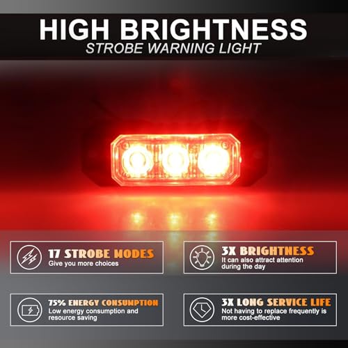 3-LED Red Emergency Strobe Lights Sync Feature 2PCS