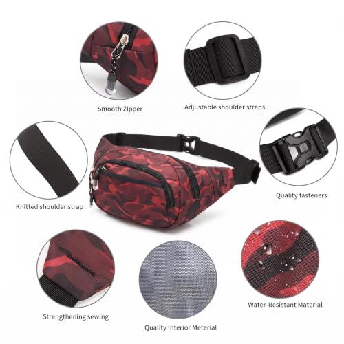 Large Fanny Pack for Men Women NSYOOMH, Crossbody Waist Bag 5-Zipper Pocket - color: Fashion Red