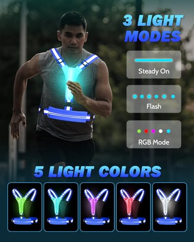 Fitense LED Reflective Running Vest with Phone Holder, Rechargeable 5 Colors Light Up Running Lights for Runners High Visibility Night Safety Gear, Adjustable for Men Women