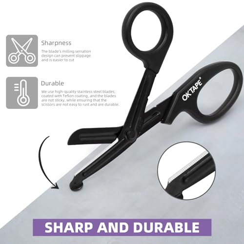 OK TAPE Shears - Bandage Scissors，Medical Scissors, EMT Trauma Shears, Non-Stick Scissors, First Aid Outdoor Stainless Steel Teflon, Black Handle and Black Coated Blades, 1 Packs