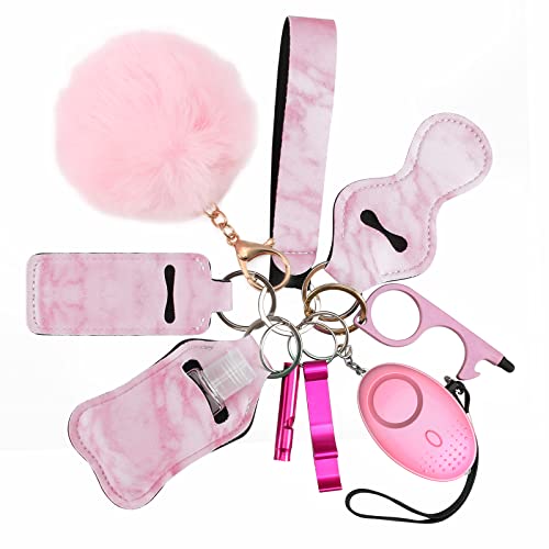 AMIR Safety Keychain Set for Women and Kids, 10 Pcs Safety Keychain Accessories with Sound Personal Alarm, Whistle and Pom - color: Pink