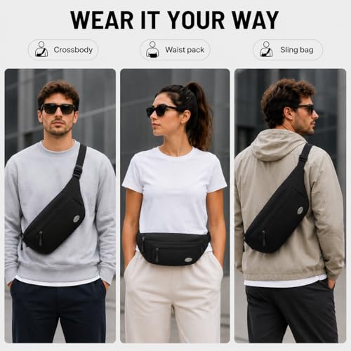 Entchin Water-Resistant Fanny Pack, 4-Zipper Belt Bag - color: Large Black