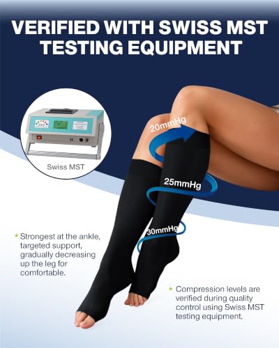 Compression Socks For Women Men,Open Toe Knee High 20-30mmHg - color: Black, size: X-Large