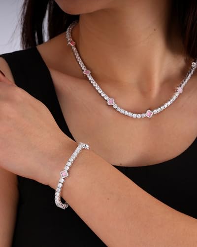LuxeFlex 4mm Iced Out Four Leaf Tennis Chain,White Gold Plated with 5A Zircon Stones, exquisite Handmade Hip Hop Bling Necklace Perfect Unisex Jewelry Gift - color: White Gold-Pink, size: 18 INCH