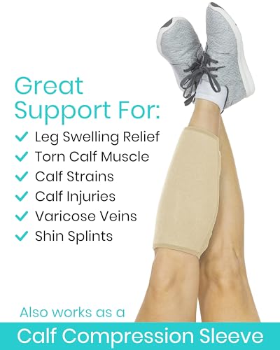 Vive Calf Brace - Adjustable Shin Splint Support - Lower Leg Compression Wrap Increases Circulation, Reduces Muscle Swelling - Calf Sleeve for Men and Women - Pain Relief (Beige) - color: Beige