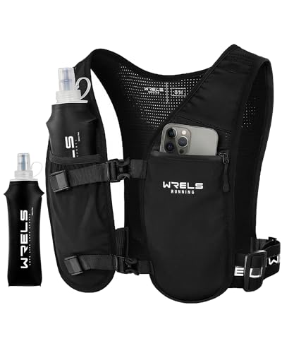 WRELS Running Vest for Women Men,Lightweight Reflective Hydration Vest with TPU 500ml Soft Flask,Adjustable Chest Straps Phone Pocket for Running Marathon - size: Small-Medium