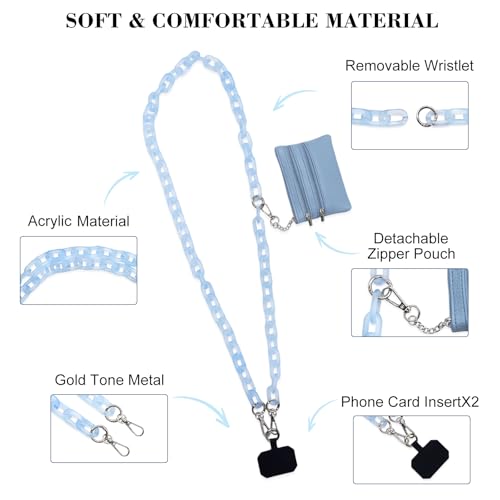 Long Keeper Phone Crossbody Chain Acrylic Phone Lanyards with Zipper Wallet Women Cellphone Strap Wrist Bracelet Purse Strap - color: Light Blue Silver