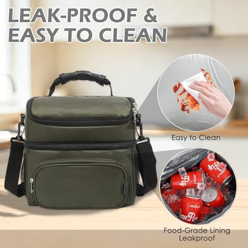 FlowFly Double Layer Cooler Insulated Lunch Bag Adult Lunch Box Large Tote Bag for Men, Women, With Adjustable Strap,Front Pocket and Dual Large Mesh Side Pockets - color: Army Green