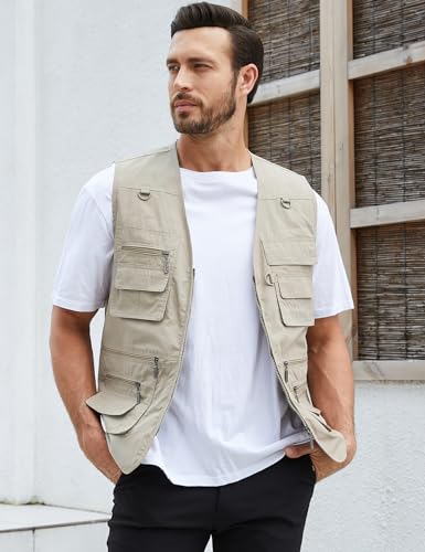 Gihuo Men's Fishing Vest Utility Safari Travel Vests with Multi Pockets - color: Beige, size: Medium