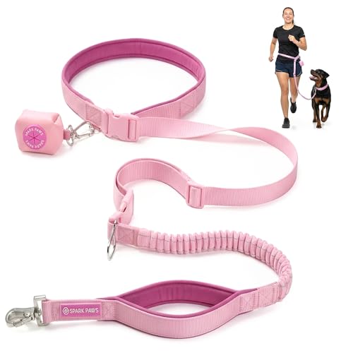 Spark Paws Hands Free Dog Leash - Bungee Waist Belt for Running & Walking - color: Pink