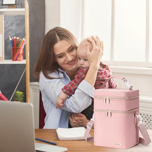 Breastmilk Cooler Bag with Ice Pack Fits 6 Baby Bottles Up to 9 Ounce, Double Deck Leak-Proof Baby Bottles Bag with Shoulder Strap for Nursing & Working Mom, - color: Pink