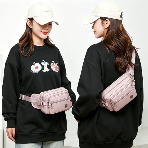 Fanny Pack for Women, Fashion Crossbody Waist Bag with 5 Zipper Pockets, Lightweight Adjustable Strap Chest Bag for Travel Hiking Running (Light pink) - color: Light pink