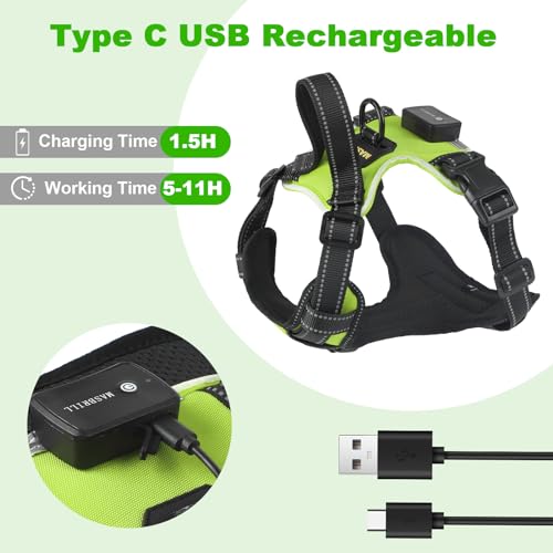 MASBRILL Lighted Dog Harness - No Pull, Adjustable Glowing Harness for Small to Large Dogs with Handle, Rechargeable LED Light - color: Green, size: S