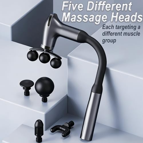 Massage Gun with Upgraded Extension Handle, Back Massager for Pain Relief Deep Tissue, 12MM Percussion Less-Shock Neck/Foot/Leg/Shoulder Massager, 9 Speed Levels & 5 Replaceable Heads (Space Silver) - color: Space Silver