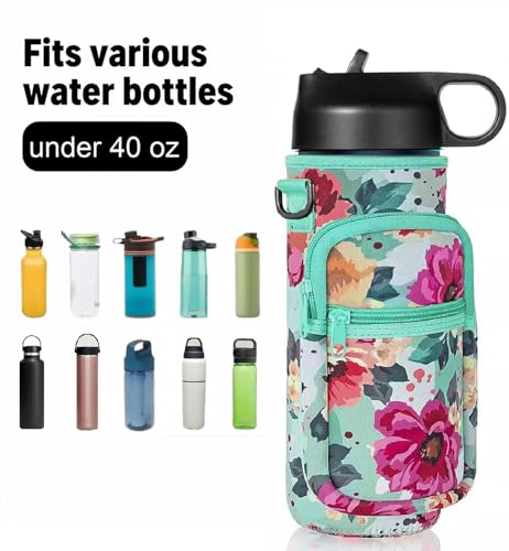 40oz Insulated Water Bottle Sling with Phone Pocket, Crossbody Carrier - color: Flower Green, size: 40oz