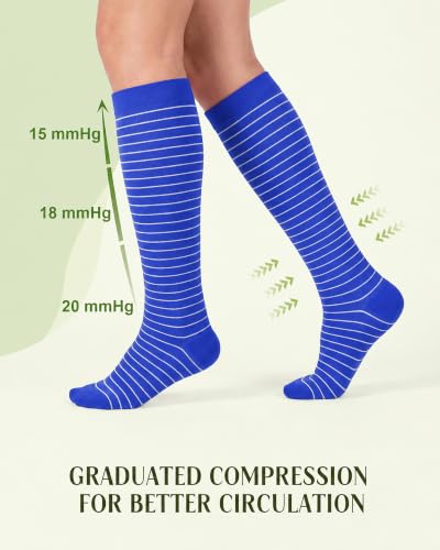 Bamboo Viscose Compression Socks|4Pairs 15-20mmHg Knee High Socks - color: Blue, size: Large-X-Large