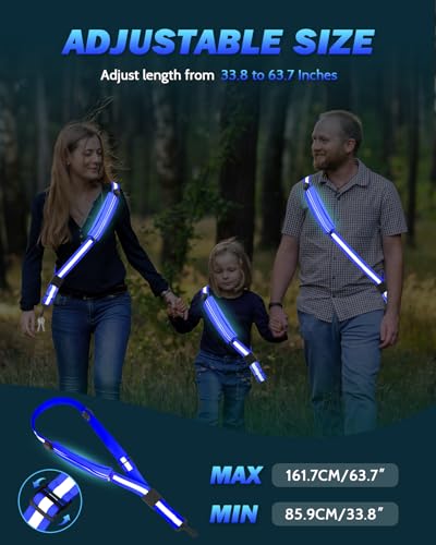 Fitense LED Reflective Belt Sash - 5 Lights Colors & 3 Light Modes High Visibility Night Safety Belt, Rechargeable Light Up Running Gear Adjustable Vest Straps for Runners Walkers Men Women - color: Blue, style: Pouch